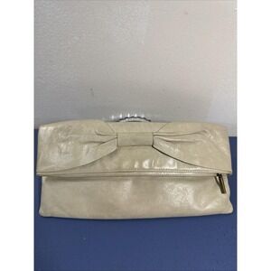 HOBO INTERNATIONAL Fold Over Leather Ivory Bone Clutch W Bow Envelope Bag Purse